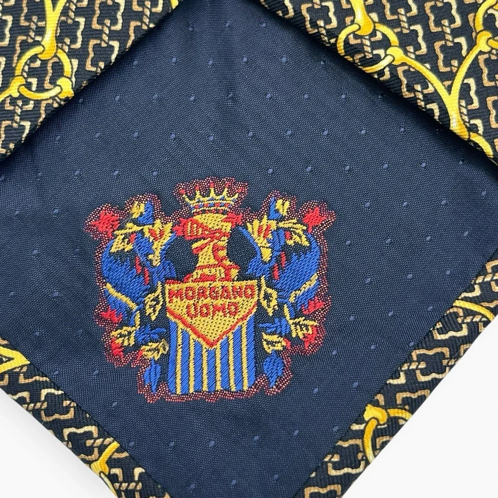 Morgano Uomo Neck Tie Black Gold Yellow Silk Made In Italy Chains Equestrian 60